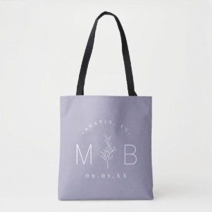 Rustic Floral Stem Wedding Monogram   Lilac Tote Bag