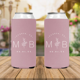 Rustic Floral Stem Wedding Monogram   Mauve Seltzer Can Cooler