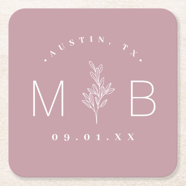 Rustic Floral Stem Wedding Monogram | Mauve Square Paper Coaster (Front)