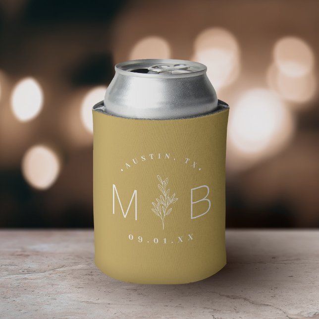 Rustic Floral Stem Wedding Monogram | Mustard Can Cooler (Creator Uploaded)