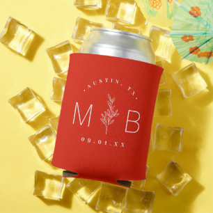 Rustic Floral Stem Wedding Monogram Red Can Cooler