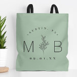 Rustic Floral Stem Wedding Monogram | Sage Tote Bag<br><div class="desc">Custom printed tote bags make a fun and functional wedding favour your guests will love! Personalise the template with the bride and groom's names or monogram initials. Add your wedding date, the city, state or venue name or any other custom text. This modern rustic logo-style design has a simple floral...</div>