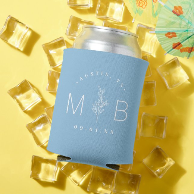 Rustic Floral Stem Wedding Monogram | Sky Blue Can Cooler (In Situ Summer)