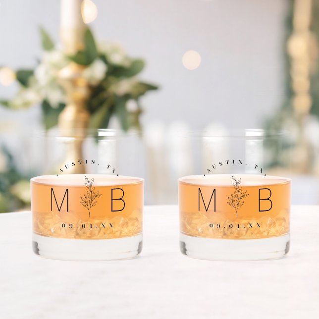 Rustic Floral Stem Wedding Monogram Whiskey Glass (Insitu (Wedding))