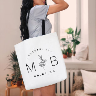 Rustic Floral Stem Wedding Monogram White Tote Bag