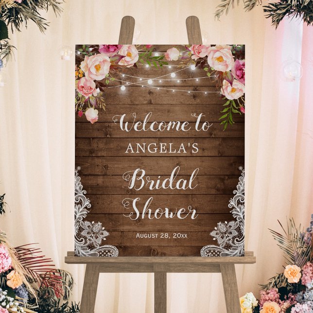 Rustic Floral String Light Lace Bridal Shower Sign (Creator Uploaded)