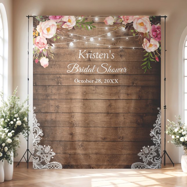 Rustic Floral String Lights Bridal Shower Backdrop Tapestry (Creator Uploaded)