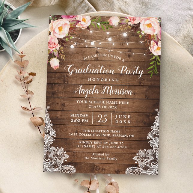 Rustic Floral String Lights Graduation Party Invitation (Creator Uploaded)
