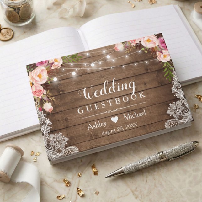Rustic Floral String Lights Lace Wedding Guest Book (Creator Uploaded)