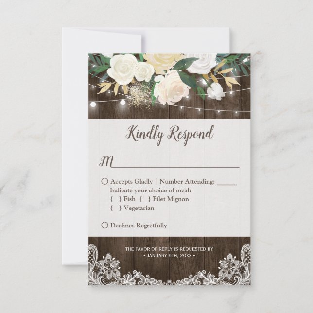 Rustic Floral String Lights Lace Wedding RSVP (Front)