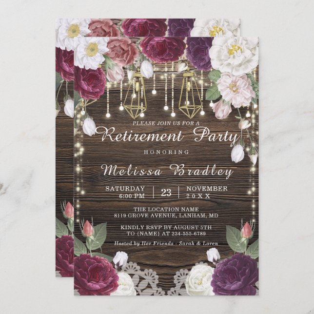Rustic Floral String Lights Retirement Party Invitation (Front/Back)