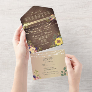 Rustic Floral String Lights Wedding All In One Invitation