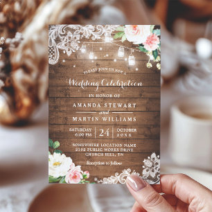 Rustic Floral String Lights Wedding Celebration Invitation
