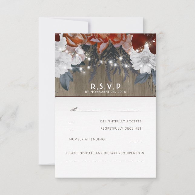 Rustic Floral String Lights Wedding RSVP Cards (Front)