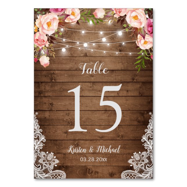 Rustic Floral String Lights Wedding Table Number (Front)