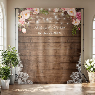 Rustic Floral String Lights Wood Wedding Backdrop Tapestry