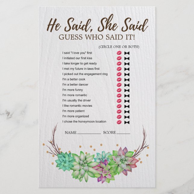Rustic Floral Succulent Find the Guest Game (Front)