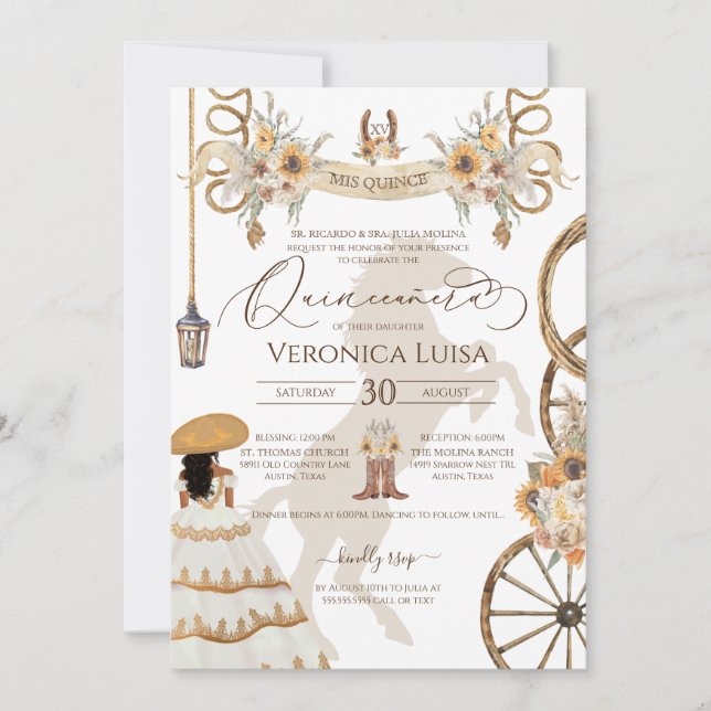Rustic Floral Sunflower Charro Dress Quinceañera Invitation (Front)