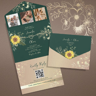 Rustic Floral Sunflower Emerald Green Wedding All In One Invitation