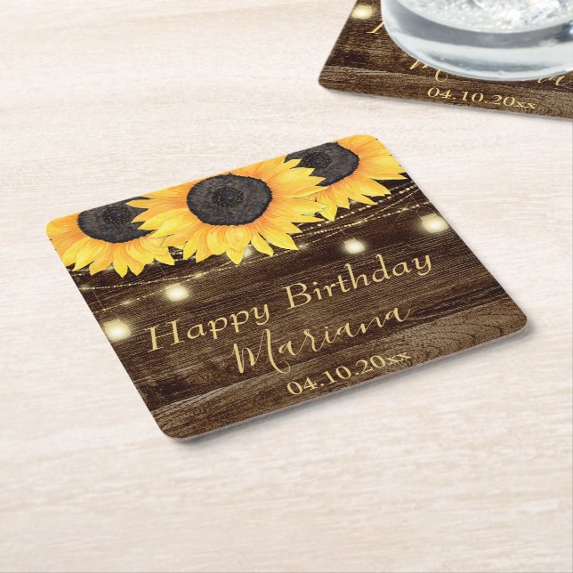 Rustic Floral Sunflowers Birthday Party Square Paper Coaster (Angled)