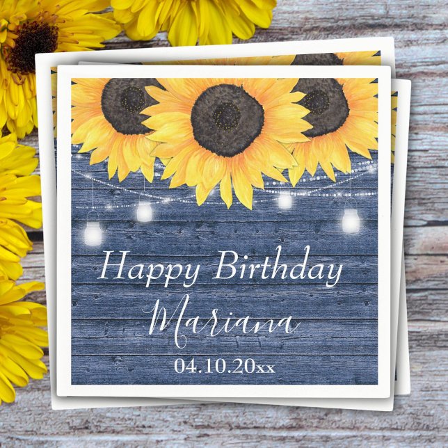 Rustic Floral Sunflowers Blue Birthday Party Napkin (Creator Uploaded)