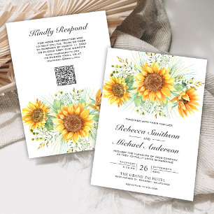 Rustic Floral Sunflowers Bouquet QR Code Wedding Invitation