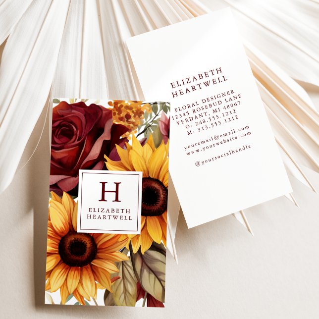 Rustic Floral Sunflowers Burgundy Monogram Business Card (Creator Uploaded)