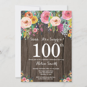 Rustic Floral Surprise 100th Birthday Invitation