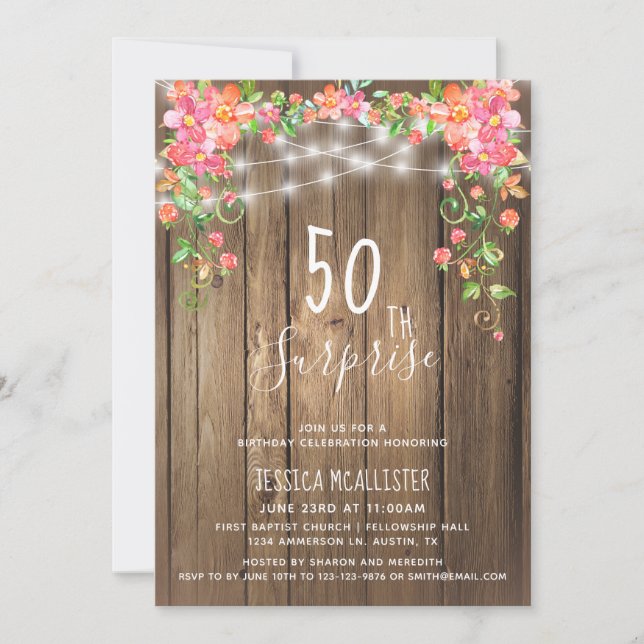 Rustic Floral Surprise 50th Birthday Invitation (Front)