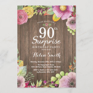 Rustic Floral Surprise 90th Birthday Invitation