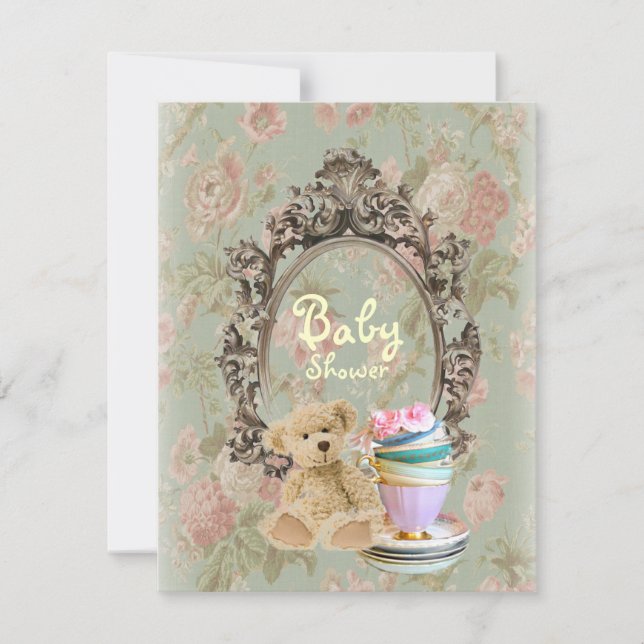 rustic floral teddy bear baby shower invitations (Front)