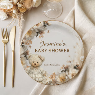 Rustic Floral Teddy Bear Baby Shower Paper Plate