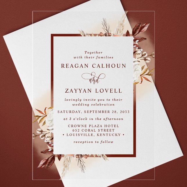 Rustic Floral Terracotta Pampas Grass Boho Wedding Acrylic Invitations (Creator Uploaded)