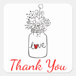 Rustic Floral Thank You Mason Jar Flower Red Black Square Sticker
