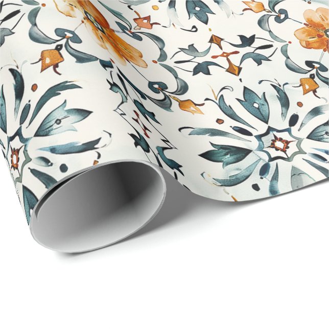 Rustic Floral Tile Wrapping Paper, Orange & Teal  Paper (Roll Corner)