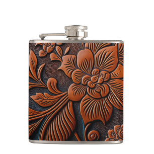 Rustic Floral Tooled Leather Hip Flask