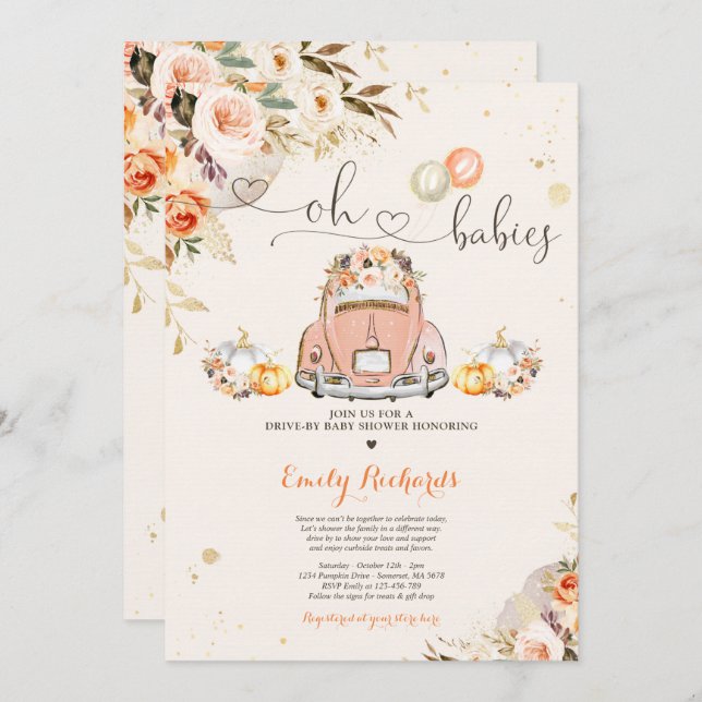 Rustic Floral Twin Pumpkin Drive By Baby Shower Invitation (Front/Back)