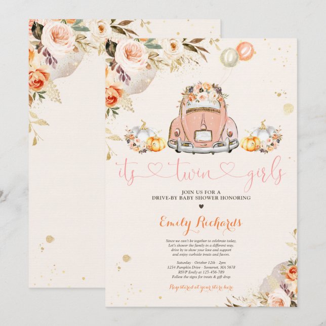 Rustic Floral Twin Pumpkin Drive By Baby Shower Invitation (Front/Back)