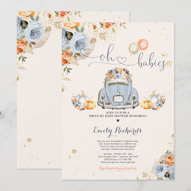 Rustic Floral Twin Pumpkin Drive By Baby Shower Invitation (Front/Back)