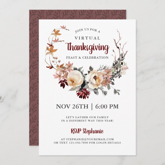 Rustic Floral Virtual Thanksgiving Dinner Invitation (Front/Back)