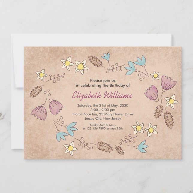 Rustic Floral Watercolor Birthday Invitation (Front)