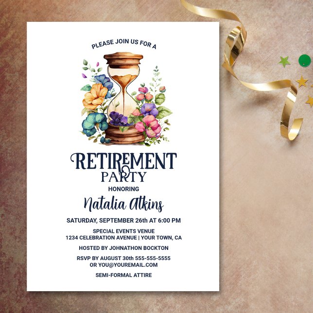 Rustic Floral Watercolor Hourglass Retirement Invitation (Creator Uploaded)