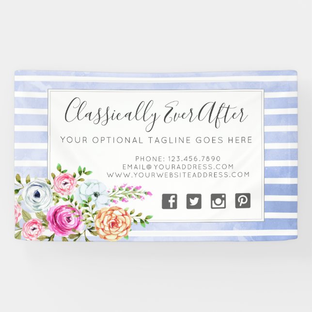 Rustic Floral Watercolor Modern Stripe Shabby Chic Banner (Horizontal)