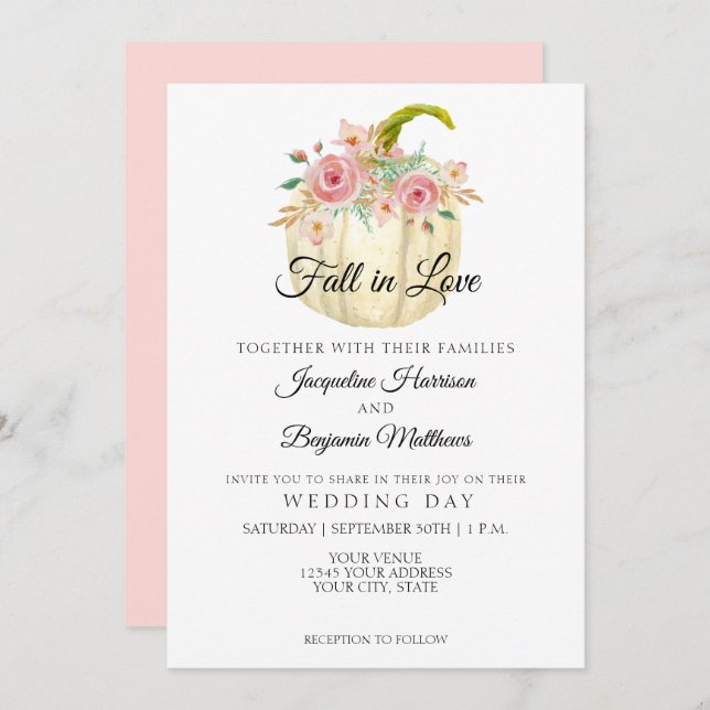 Rustic Floral Watercolor Pumpkin Blush Rose Gold Invitation (Front/Back)