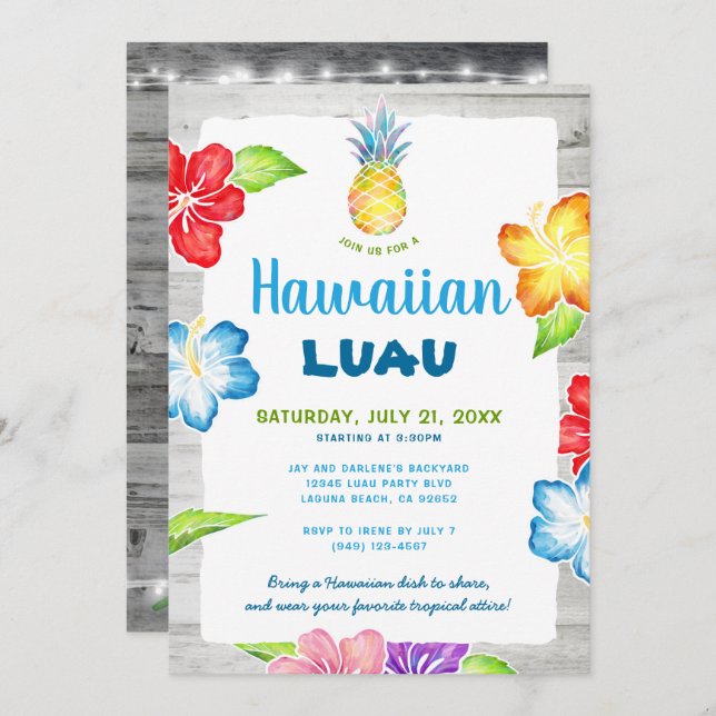 Rustic Floral Watercolor Tropical Hawaiian Luau Invitation (Front/Back)