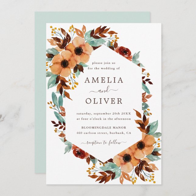 Rustic Floral Watercolor White and Mint Wedding Invitation (Front/Back)