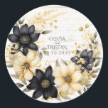 Rustic Floral Wedding Black White Wood Grain Classic Round Sticker<br><div class="desc">An earthy rustic boho wedding sticker,  with a creamy white and black floral wreath on a light wood grain background. Use the simple design tool if you would like to change fonts,  or font colours.</div>