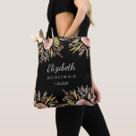 Rustic Floral Wedding Blush Roses Bridesmaids Tote Bag<br><div class="desc">Surprise your bridesmaids and bridal party with this absolutely beautiful tote bag featuring a romantic blush rose border and three lines of custom text set against a stunning black background (easily change the background colour to match your wedding colours). Add your bridesmaid's, Maid of honour, Matron, etc. name and your...</div>