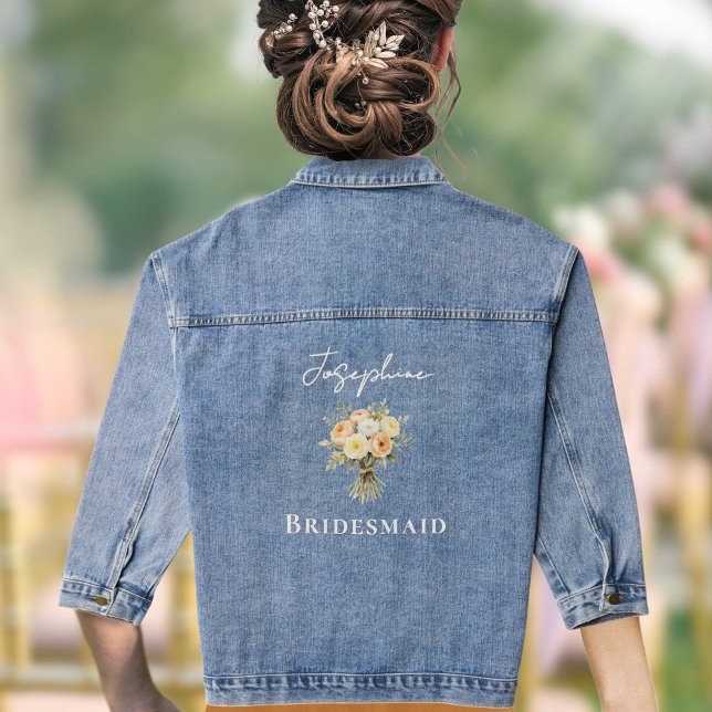 Rustic Floral Wedding Bridesmaid Custom Denim Jacket (A denim jacket especially for a bridesmaid, with peach, yellow and white roses and customizable name)