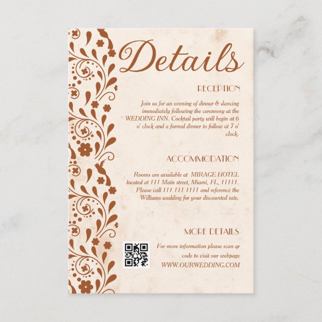 Rustic Floral Wedding Details QR code Enclosure Card (Front)